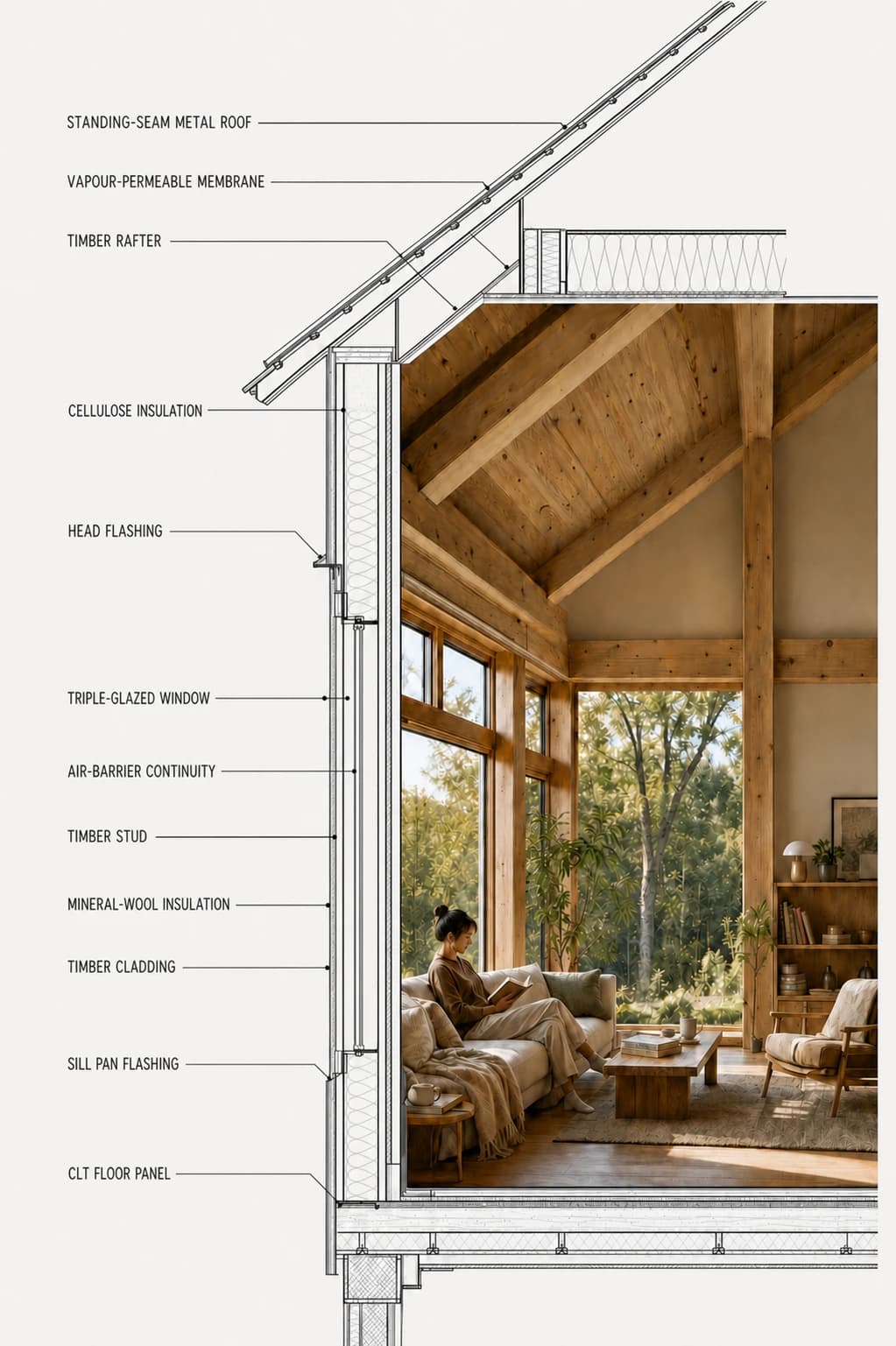Photoreal lived-in timber room composited inside a crisp annotated architectural section cutaway