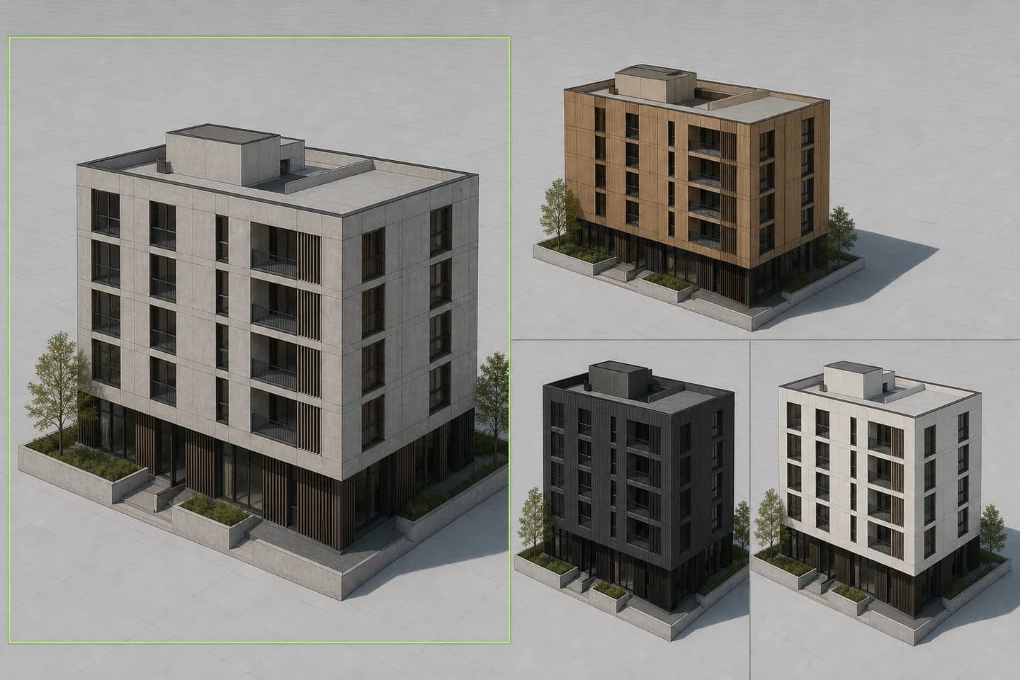 Rhino rendered viewport comparing four synchronized facade material options on one unchanged mid-rise model.