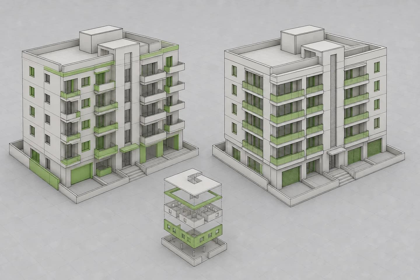 Rhino viewport comparing an existing multi-storey model with a coordinated batch-edited option and isolated changed geometry.