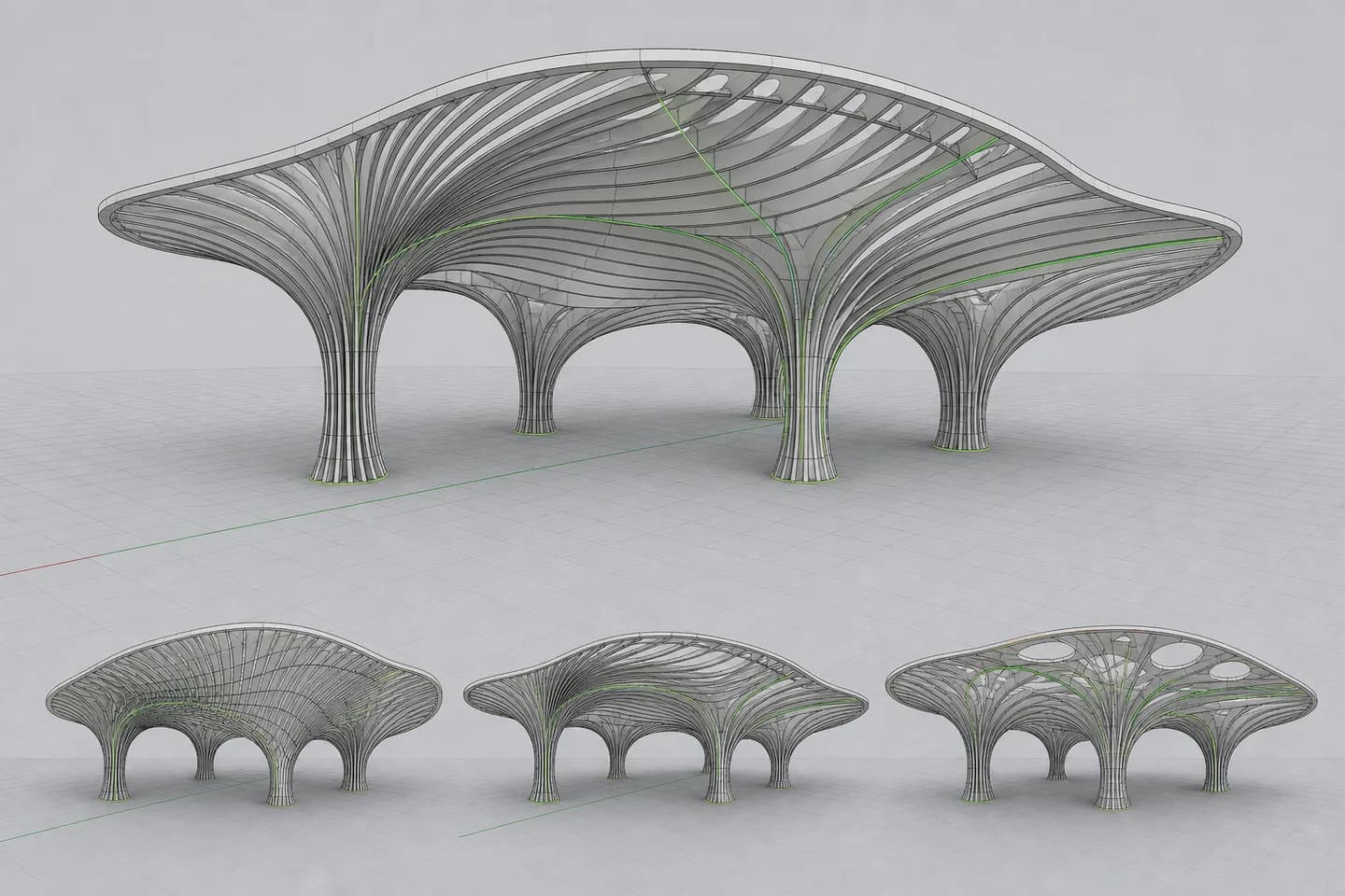 Rhino viewport showing a branching parametric pavilion and three coordinated Grasshopper-driven variants.