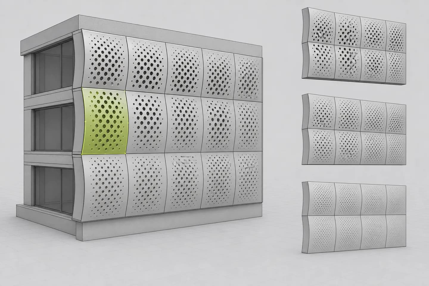 Rhino viewport showing a coordinated perforated cladding system and three controlled density variants.