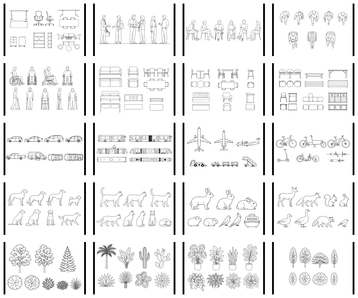 Rendered contact sheet preview representing all 20 architectural entourage prompt families