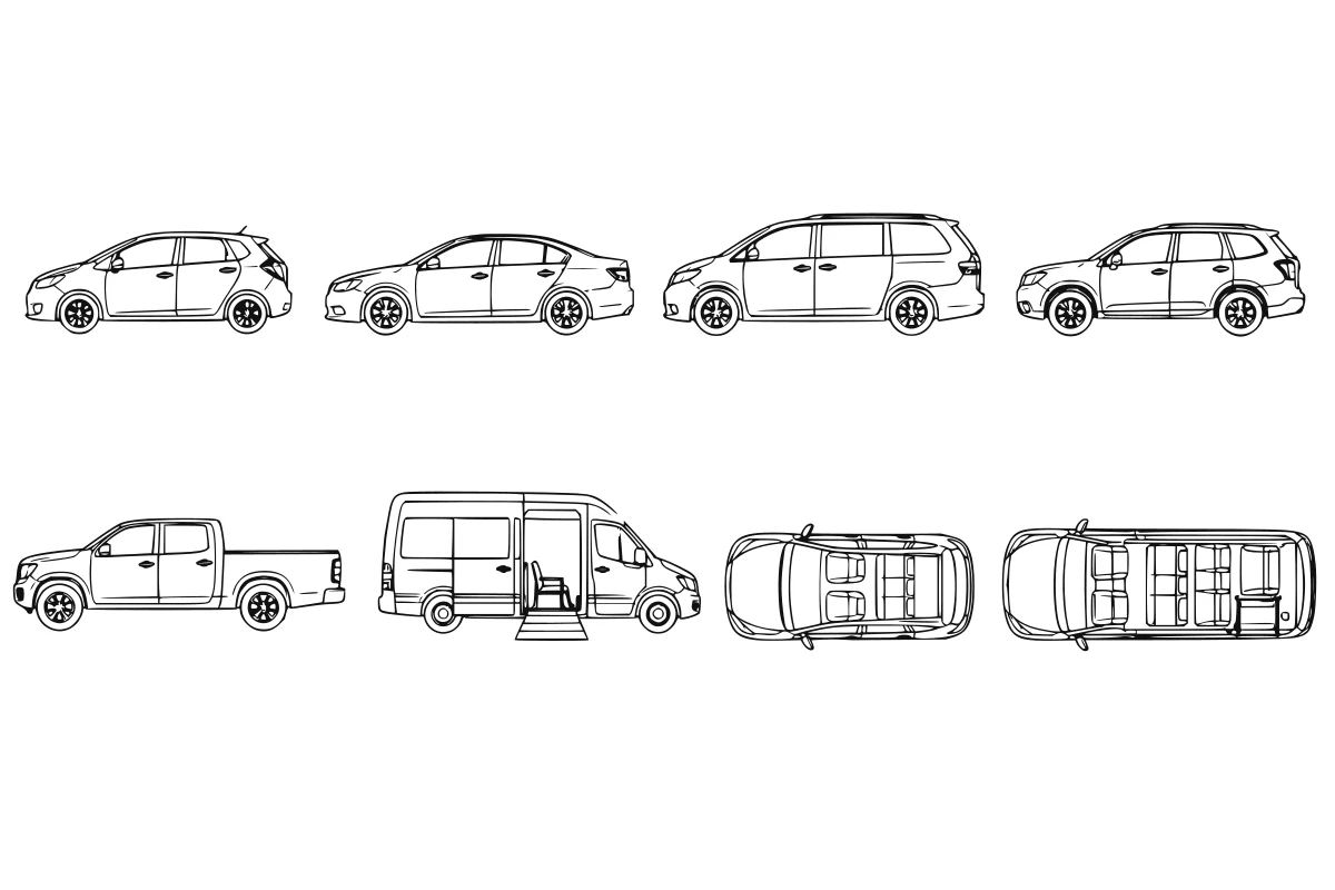 Passenger vehicle SVG set shown as a rendered representative vector-output preview