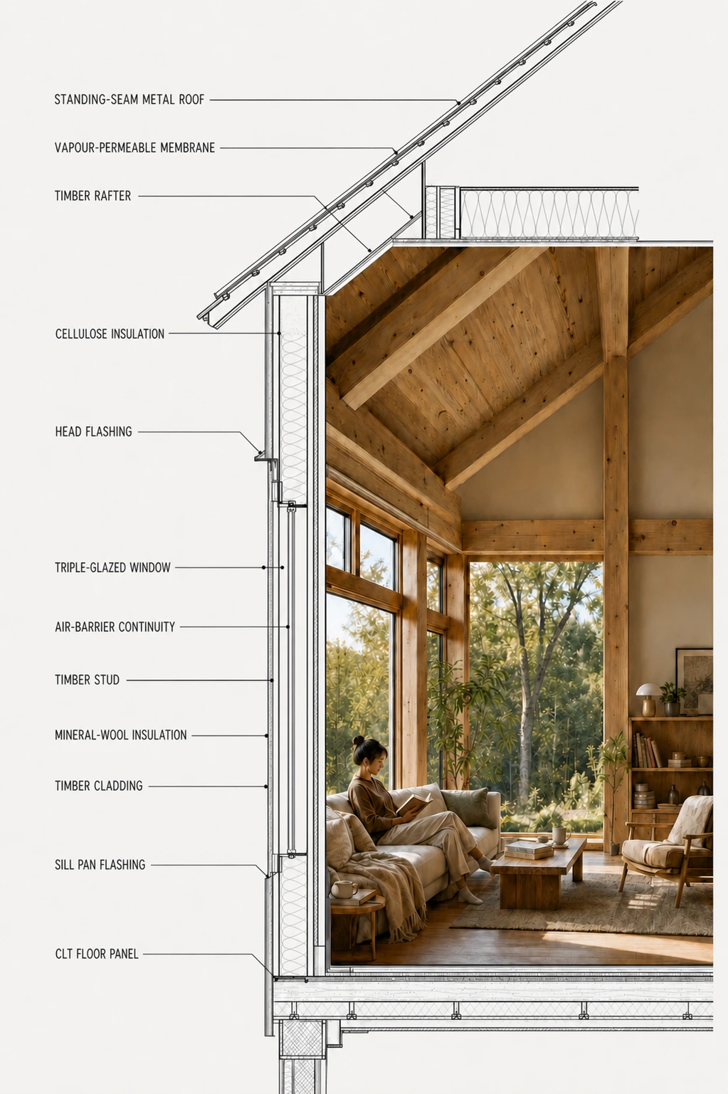 Photoreal lived-in timber room composited inside a crisp annotated architectural section cutaway