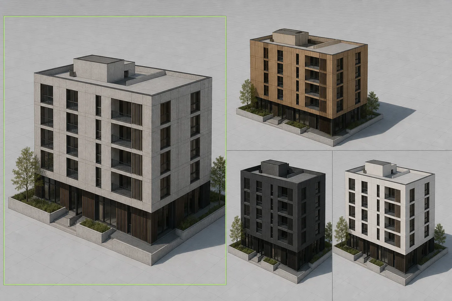 Rhino rendered viewport comparing four synchronized facade material options on one unchanged mid-rise model.