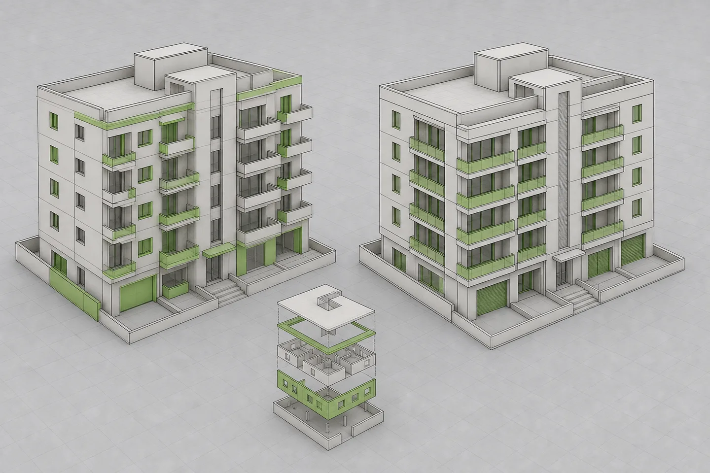 Rhino viewport comparing an existing multi-storey model with a coordinated batch-edited option and isolated changed geometry.