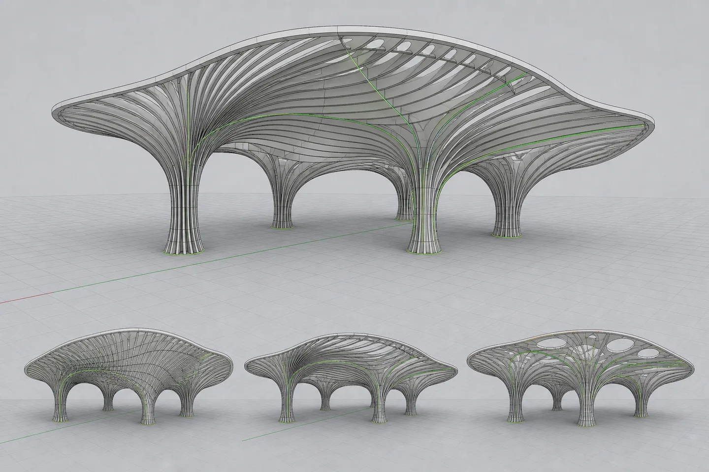 Rhino viewport showing a representative parametric pavilion generated through the Reer Rhino and Grasshopper workflow collection.