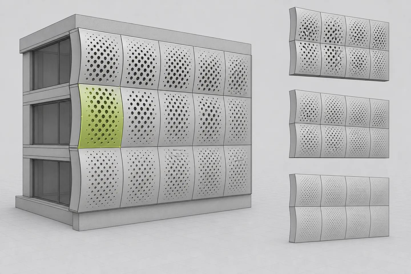 Rhino viewport showing a coordinated perforated cladding system and three controlled density variants.