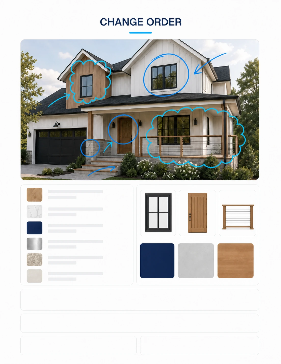 Rendered sample change-order PDF showing a contractor-reviewed residential scope change, matched before-and-after visualization, price delta, schedule impact, and acceptance fields.