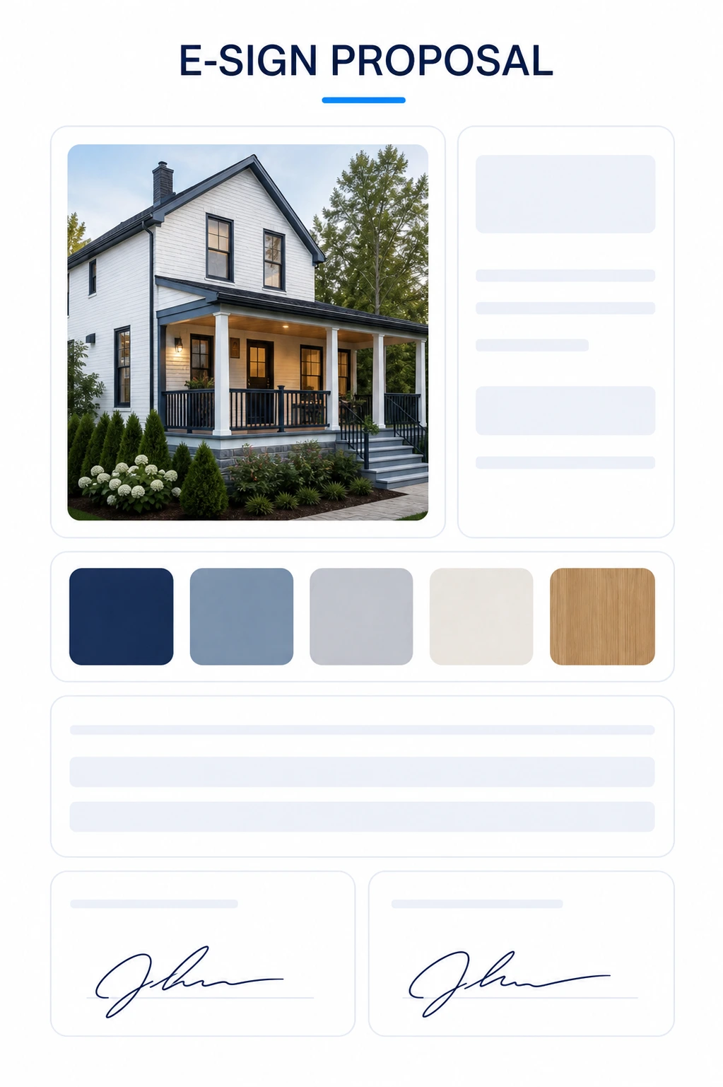 Rendered sample residential proposal PDF showing a contractor's project visualization, investment summary, proposal basis, and e-sign-ready acceptance fields.