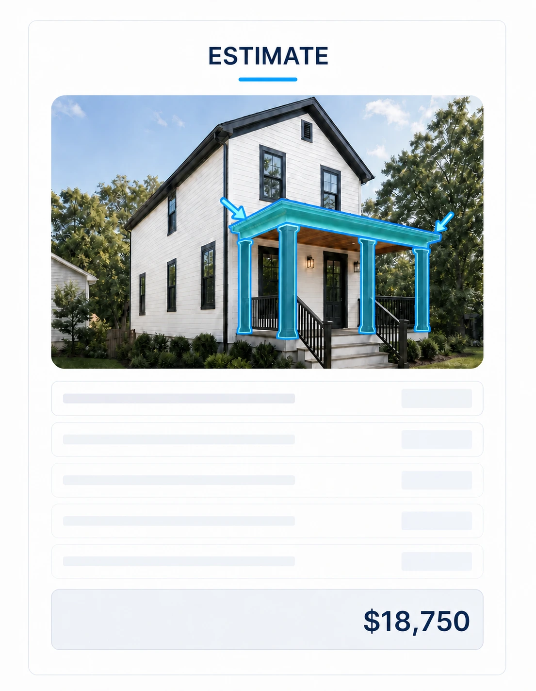 Rendered sample residential estimate PDF showing a contractor's matched project visualization, expected price range, priced scope, estimate basis, and estimator review fields.