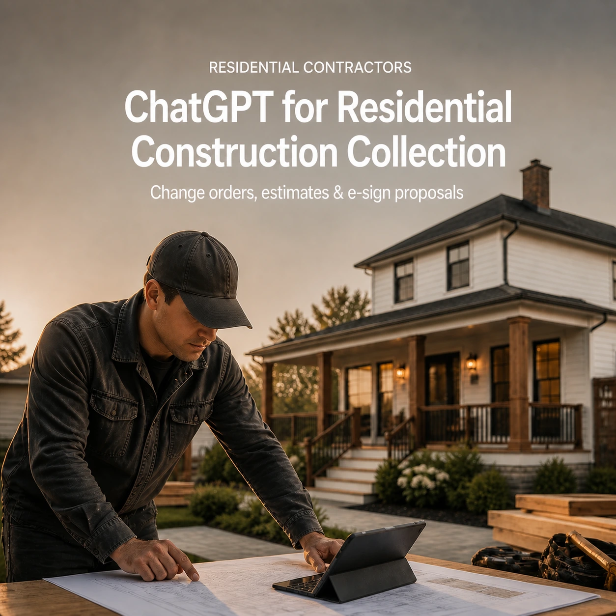 Residential contractor reviewing project plans beside a renovated home, with editorial text introducing the ChatGPT for Residential Construction Collection for change orders, estimates, and e-sign proposals.